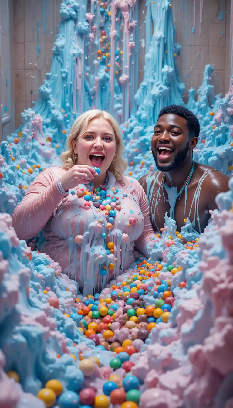 Laughing blonde woman in strawberry foam filled bathroom