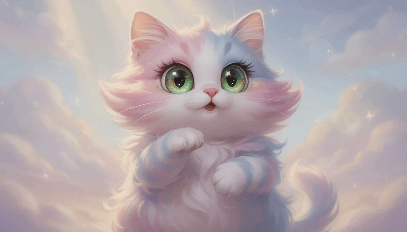 Gato esponjoso en tonos pastel de pie con enormes ojos verdes
