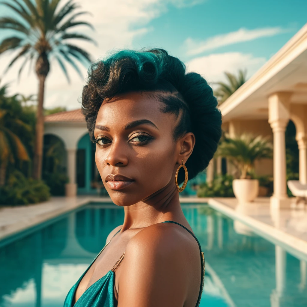 Elegant woman by turquoise pool on modern terrace
