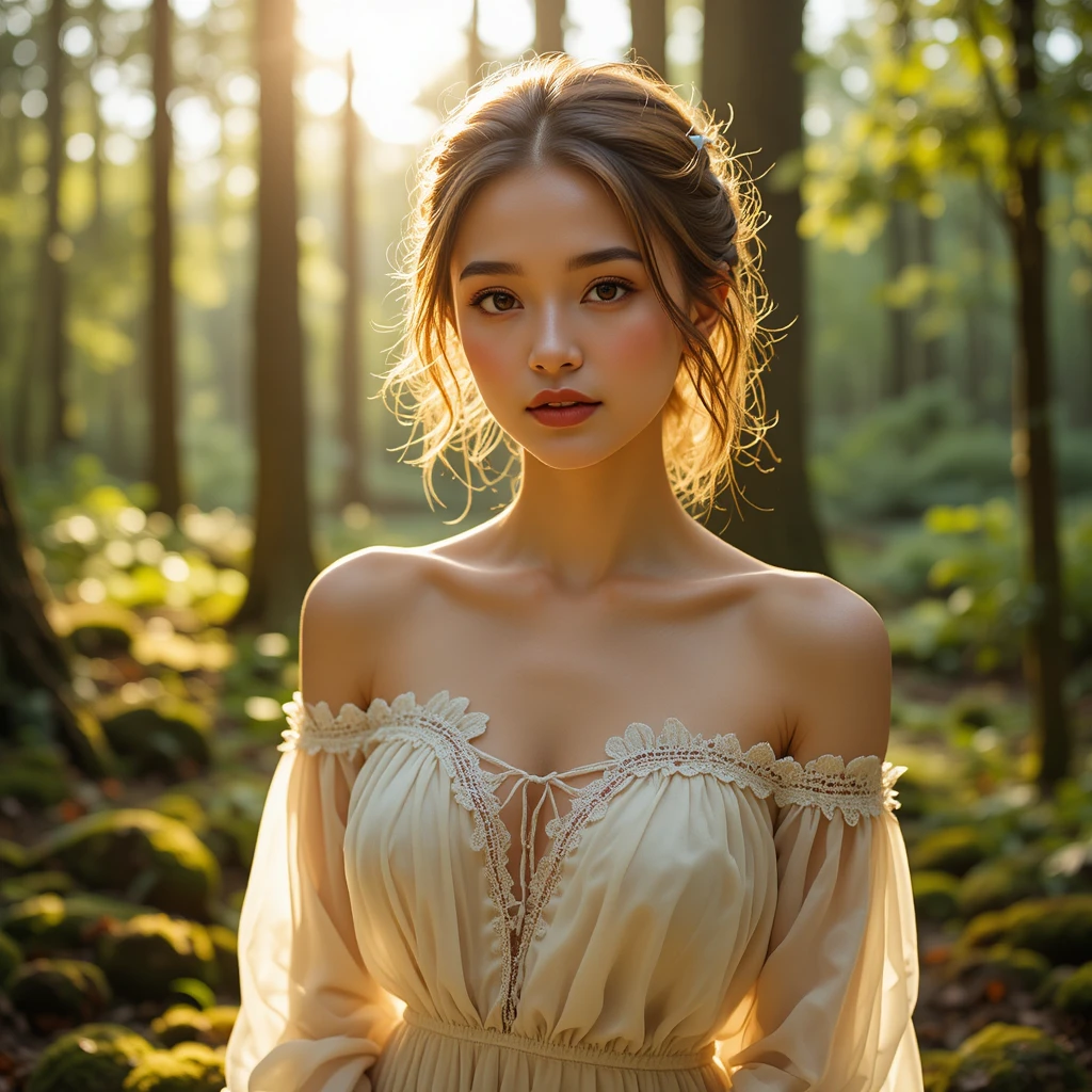 Donna con blusa color avorio in una foresta sognante illuminata dal sole