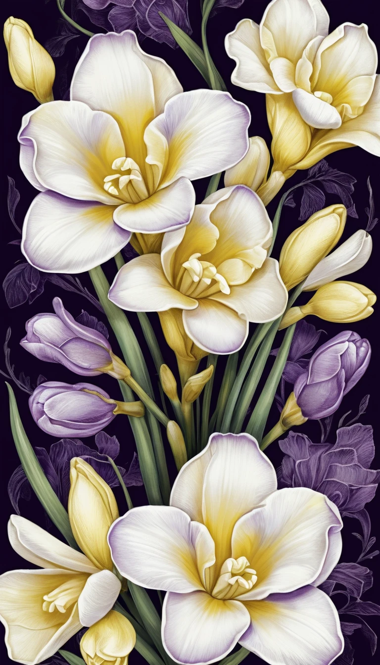 Flyer en illustration vectorielle avec des freesias blancs, jaunes et violets