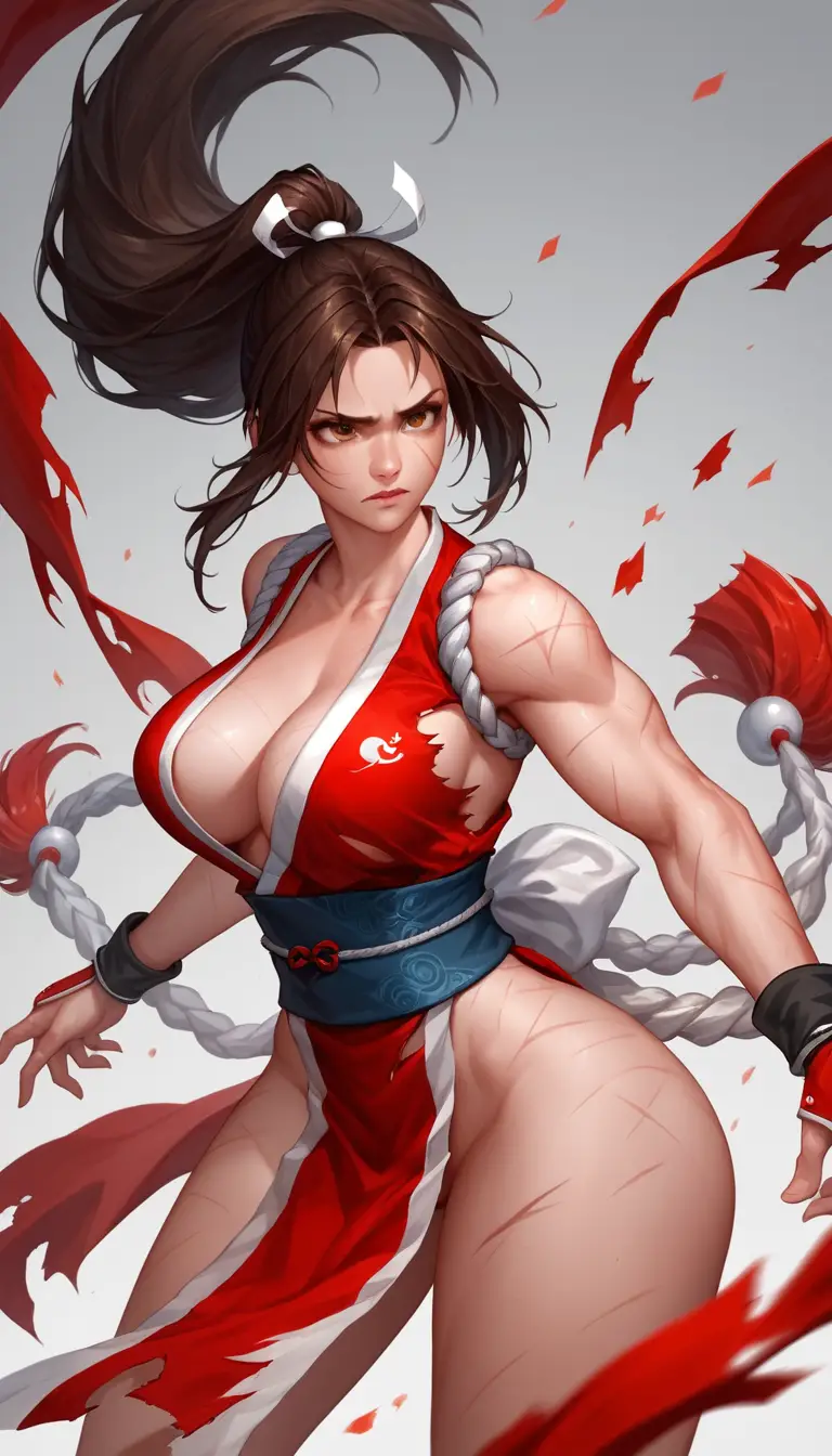 Battered warrior woman in torn traditional outfit posing vulnerably