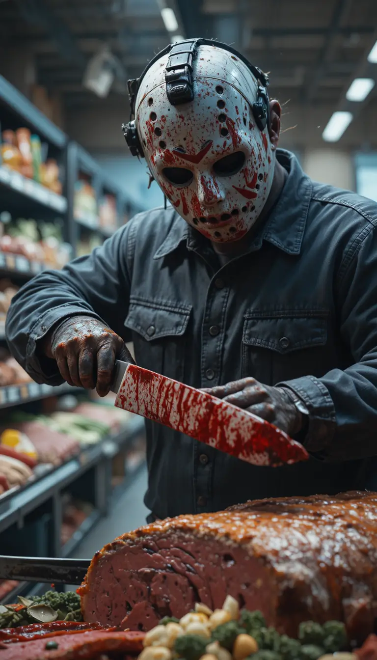 Masked horror villain slicing roast beef in supermarket deli