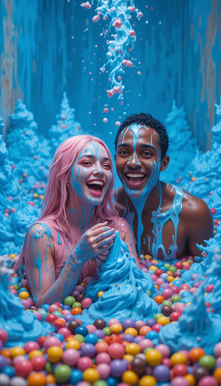 Joyful couple playing in strawberry foam filled bathroom