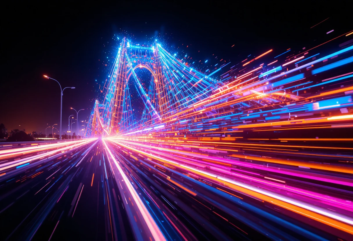 Neon bridge racing through darkness with vibrant light trails