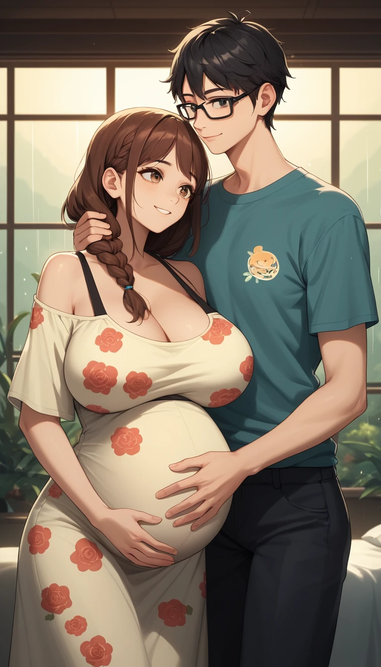 Pregnant woman in sling shirt standing by sunlit bedroom bed