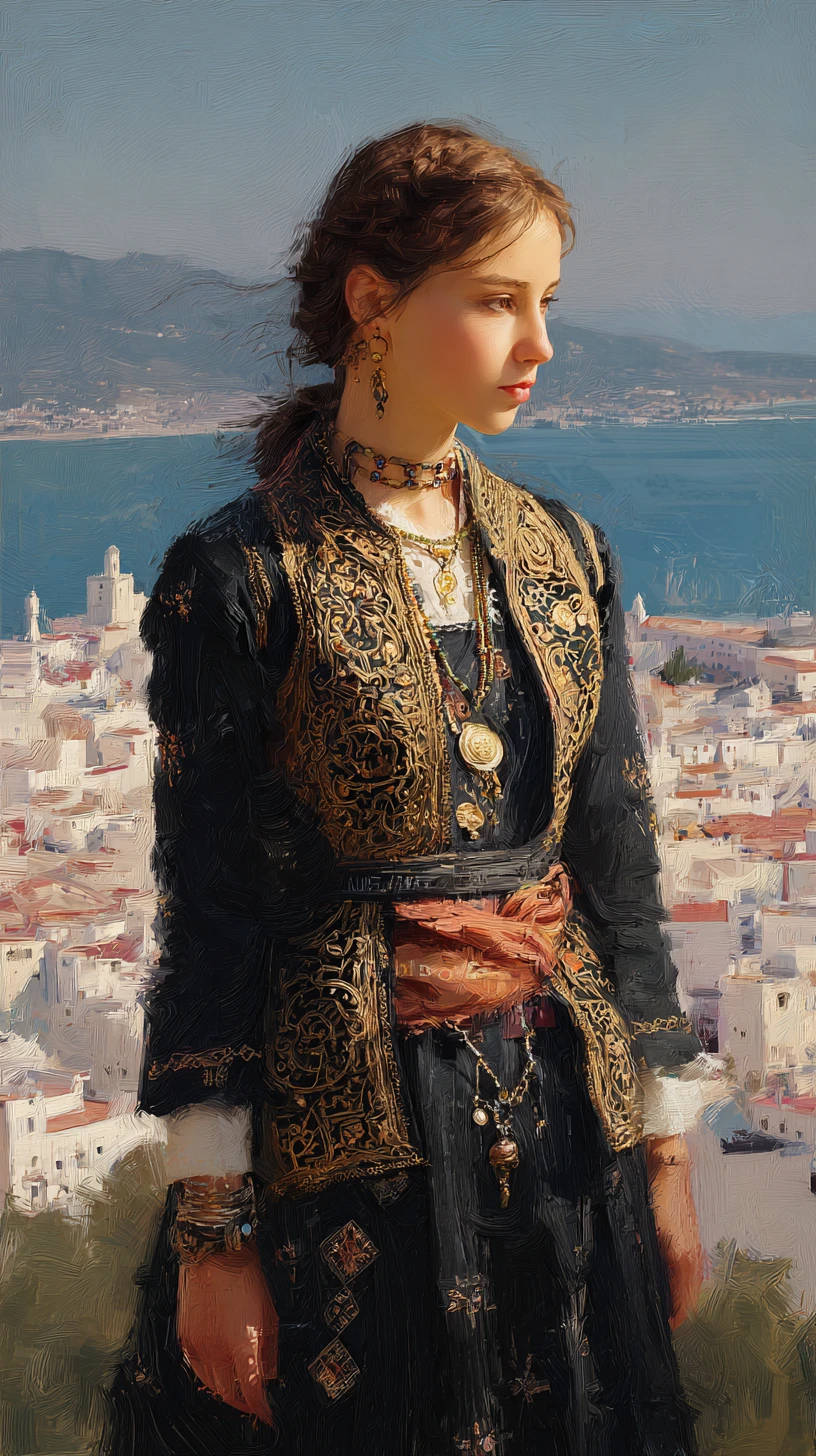 Algerian woman in black karakou at sunset above Algiers