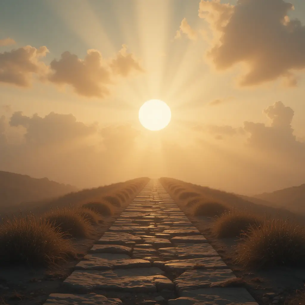 Spiritual light path leading toward a glowing distant horizon
