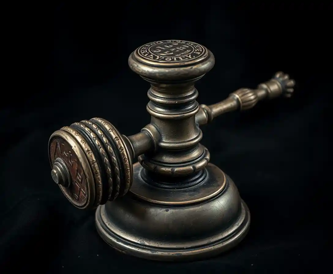 Vintage silver gavel with deep patina on dark fabric