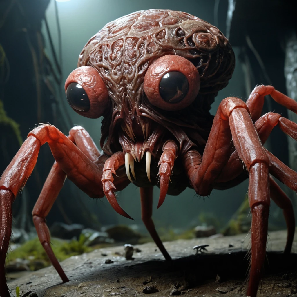 Monstruo grotesco de araña cerebral acechando en primer plano