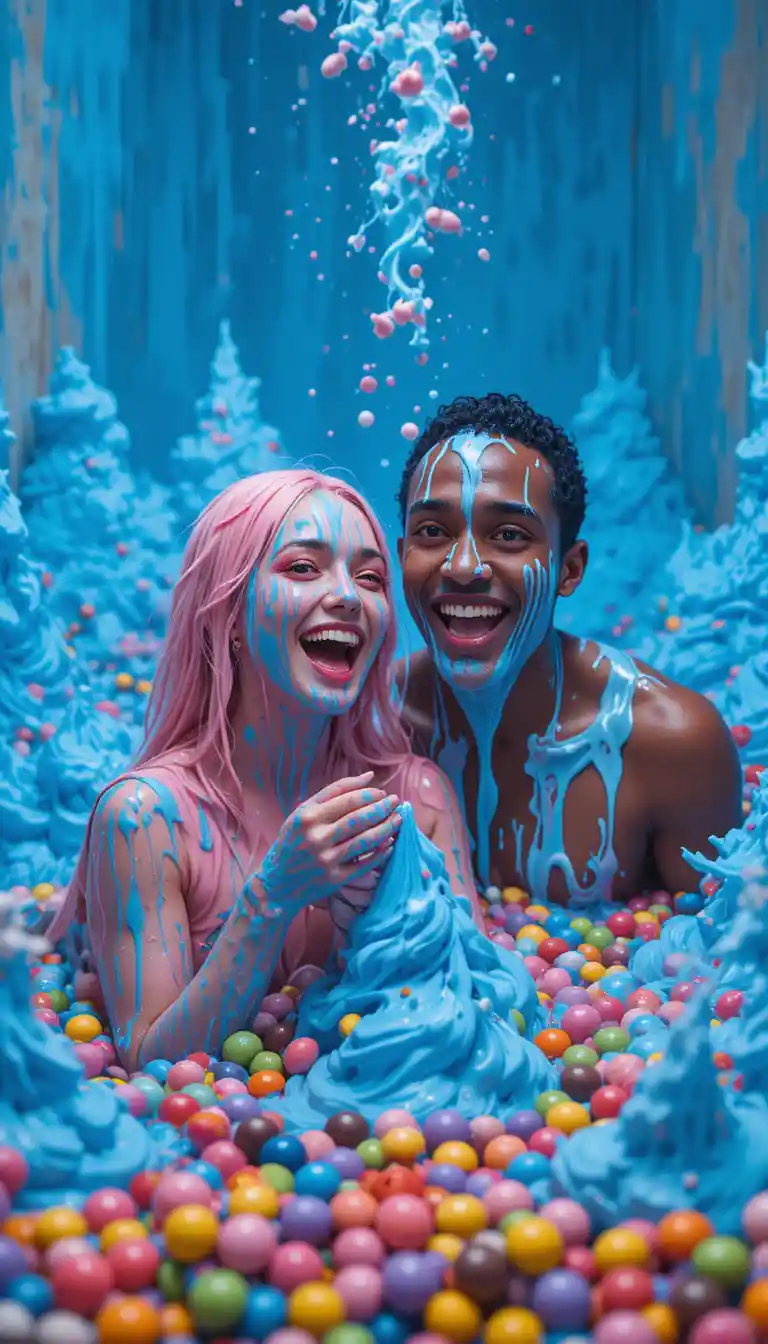 Joyful couple playing in strawberry foam filled bathroom