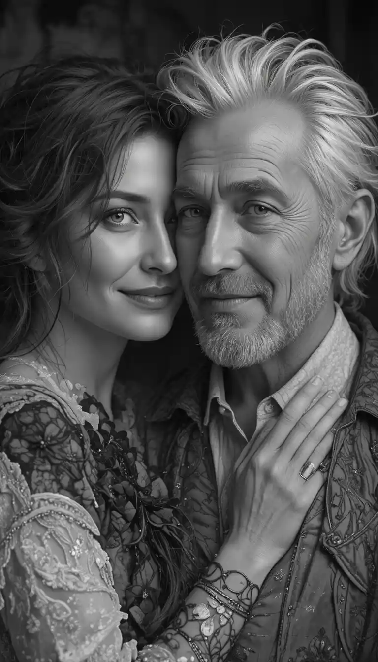 Joyful old man embraced by a loving woman