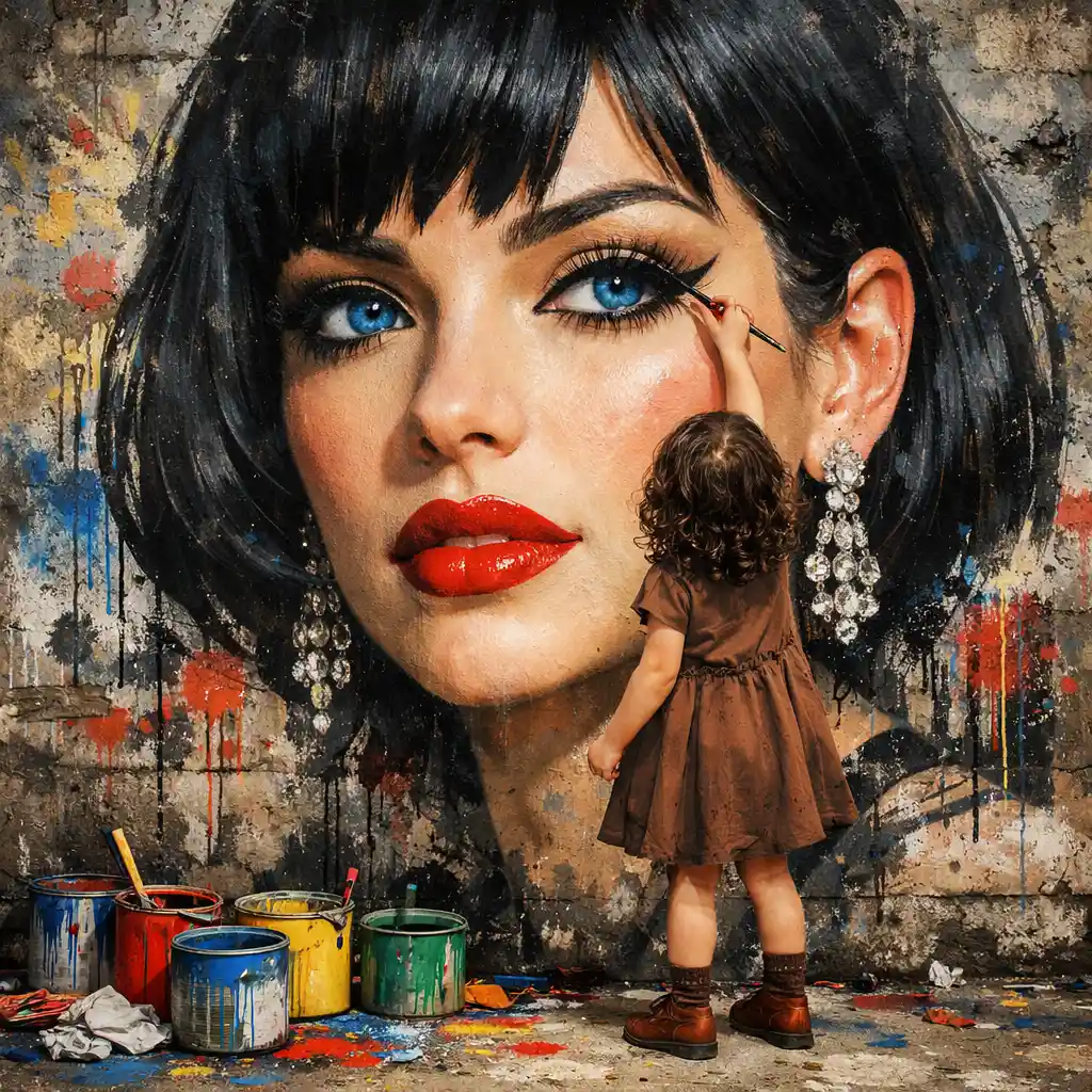 Young girl painting glamorous street art portrait on concrete wall