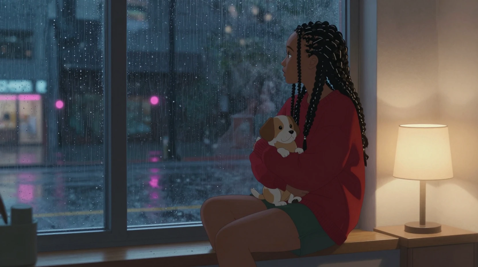 Afrofuturistic anime woman at window with small dog