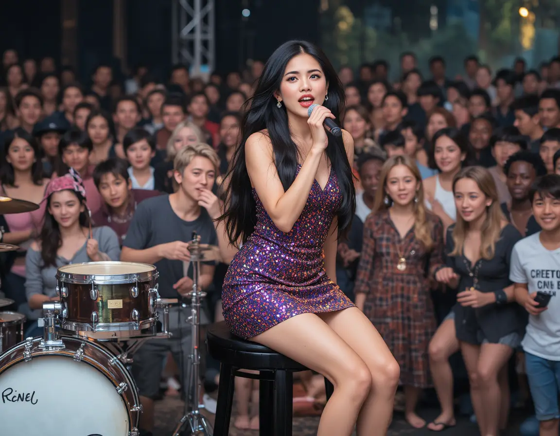 Chanteuse asiatique en mini-robe violette sur scène