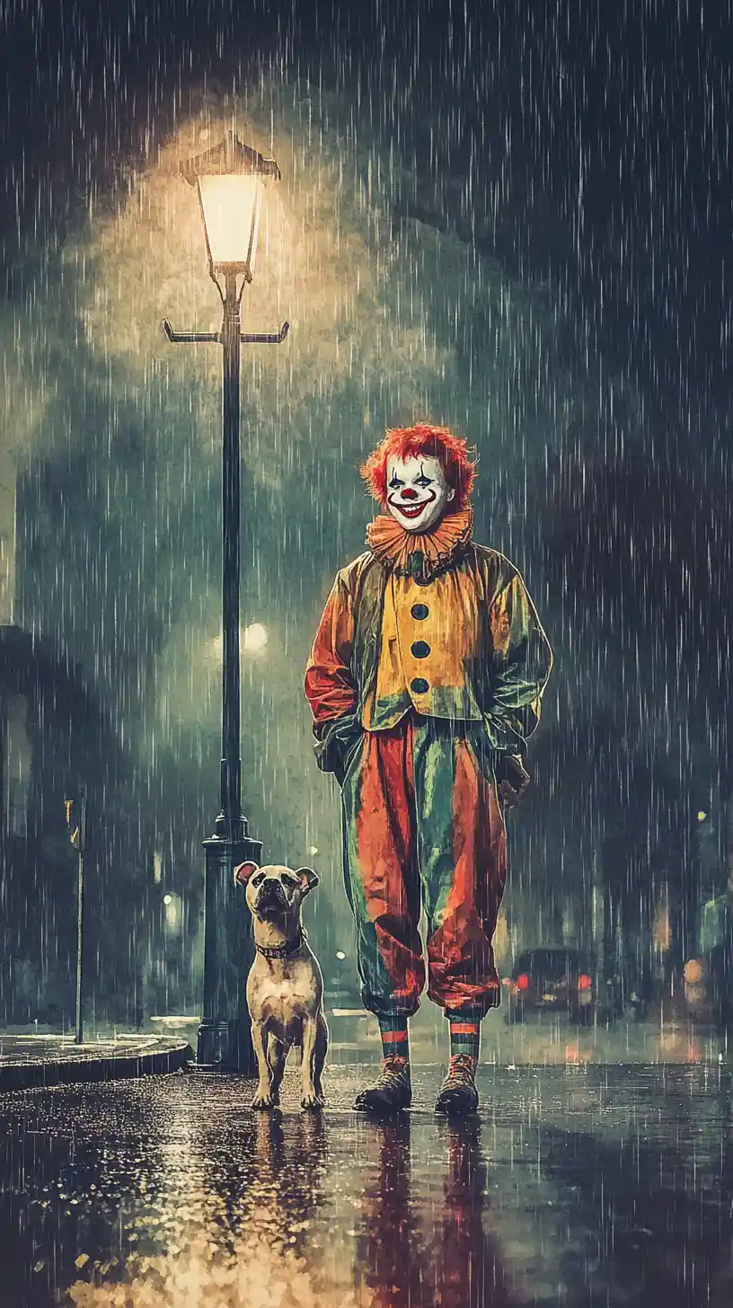 Smiling clown with small dog at rainy street corner