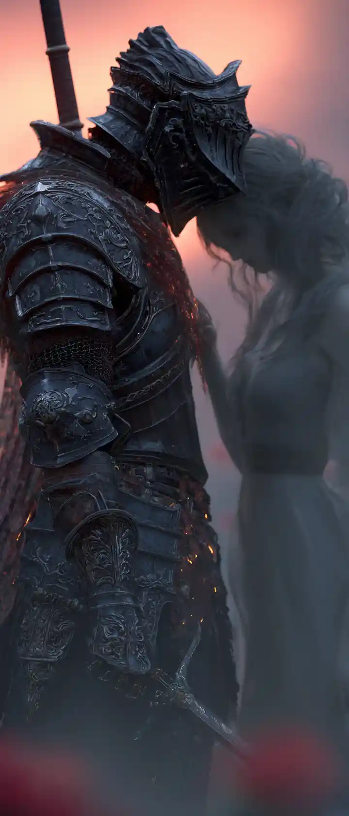 Cursed knight and spirit companion on a twilight battlefield