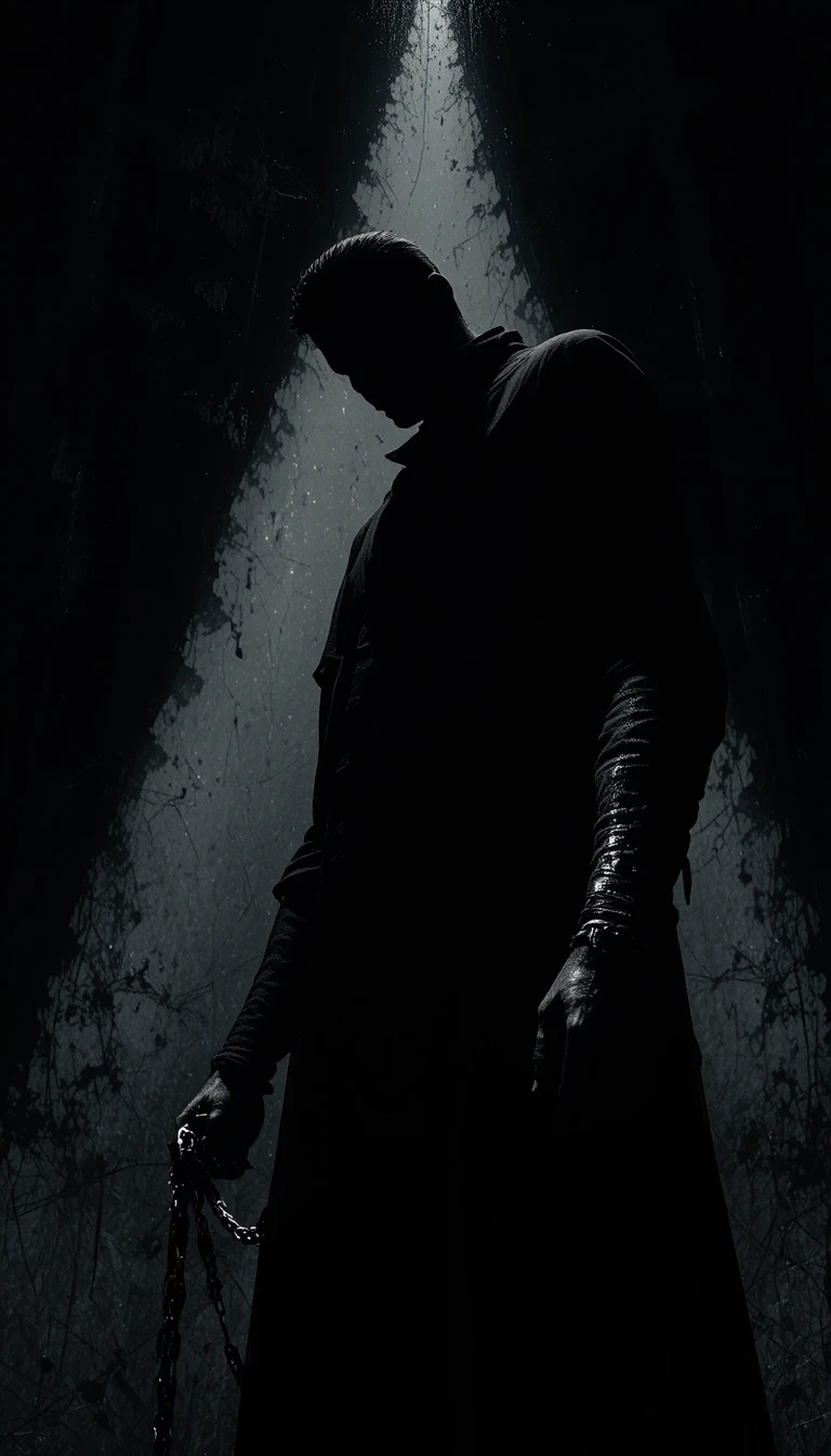 Shadowy male silhouette holding a chain in darkness