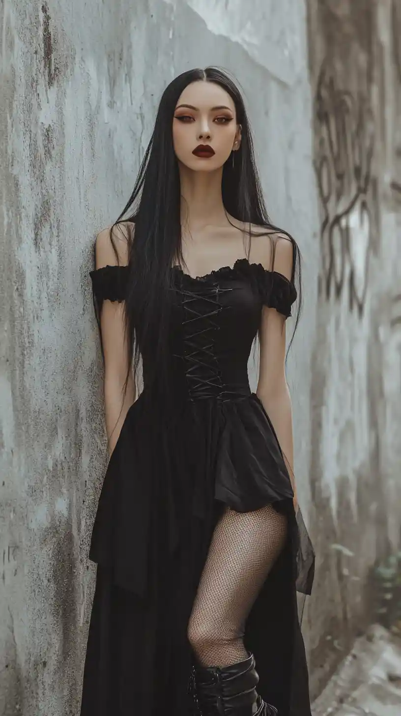黒いドレスのゴシック系女性が佇む都会の路地