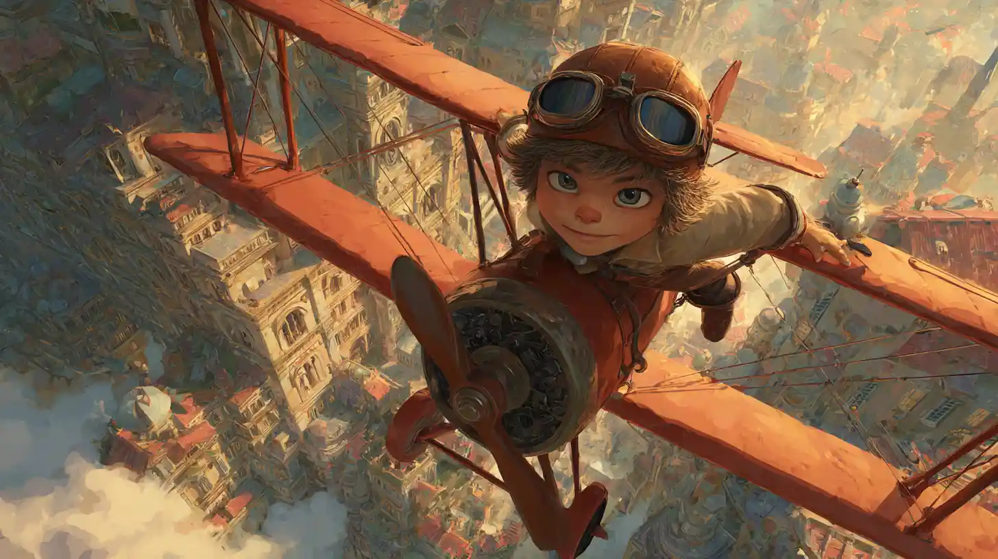 Fröhlicher junger Flieger über einer Steampunk-Stadt