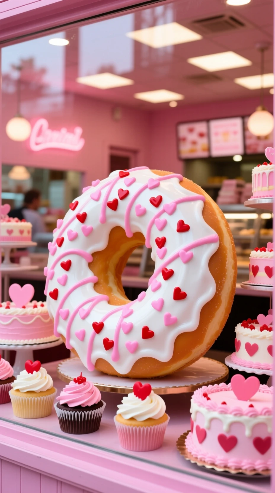 Dónut gigante glaseado en el escaparate rosa de un restaurante de San Valentín