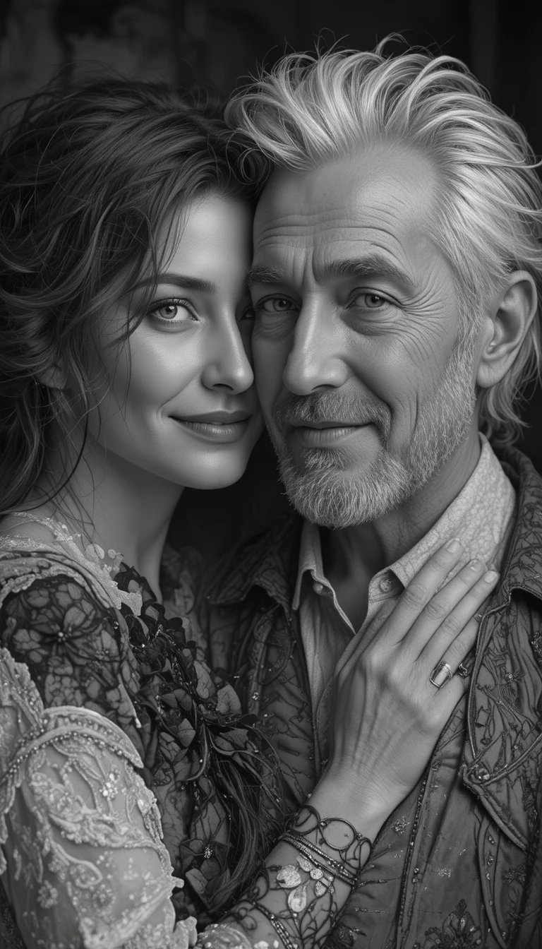 Joyful old man embraced by a loving woman