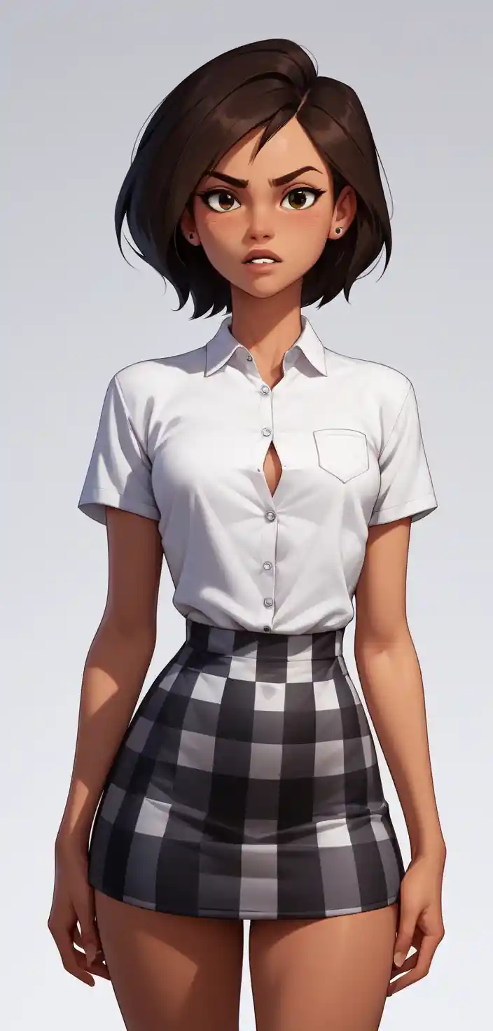 Cute schoolgirl in white shirt and checkered skirt