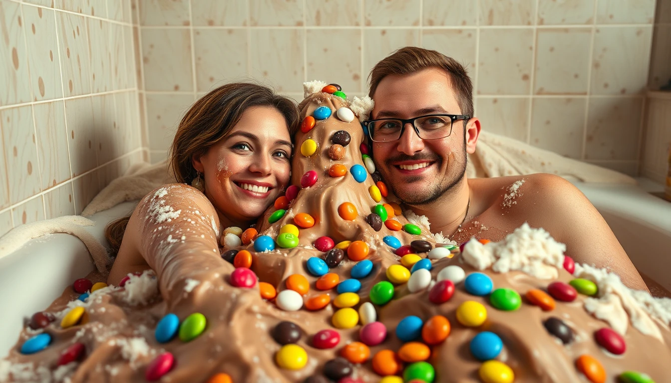 Mulher rindo em banheiro cheio de mousse de chocolate