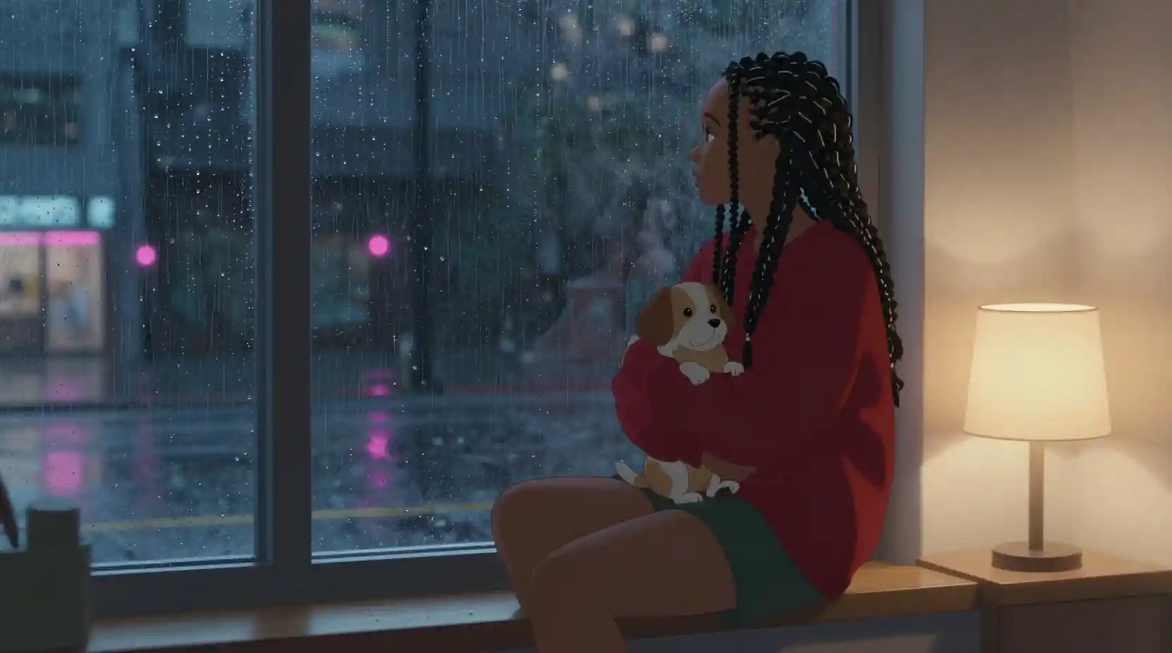 Afrofuturistic anime woman at window with small dog