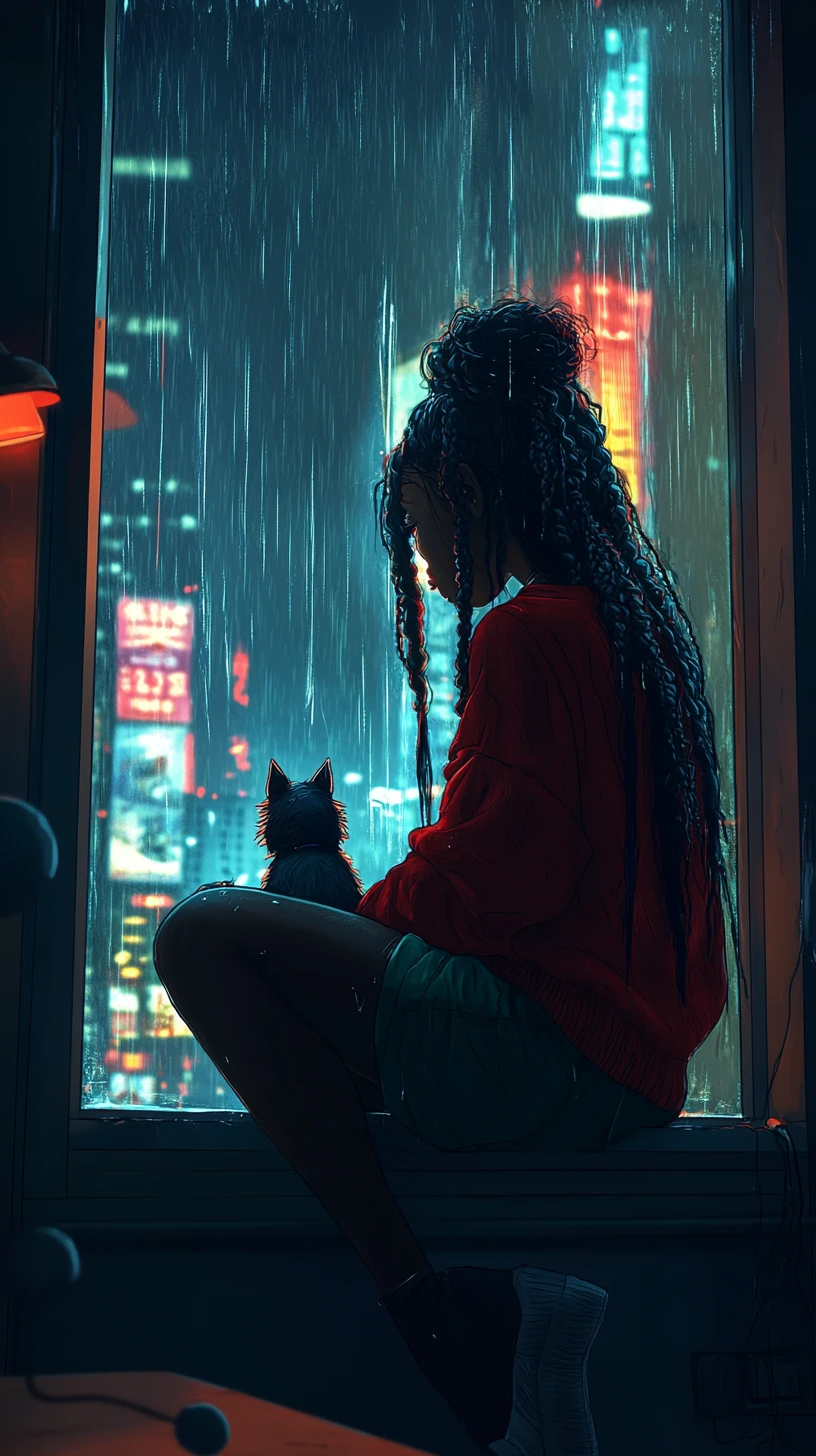 Afrofuturistic woman at window with dog on rainy night