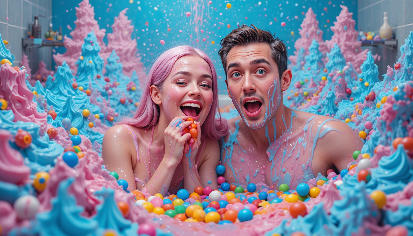 Laughing woman in strawberry foam filled bathroom scene