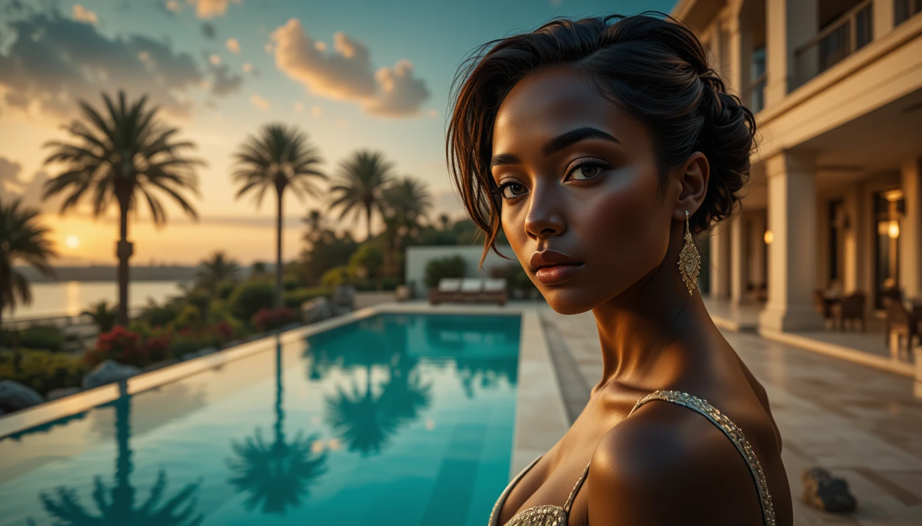 Elegant woman by turquoise pool on modern terrace