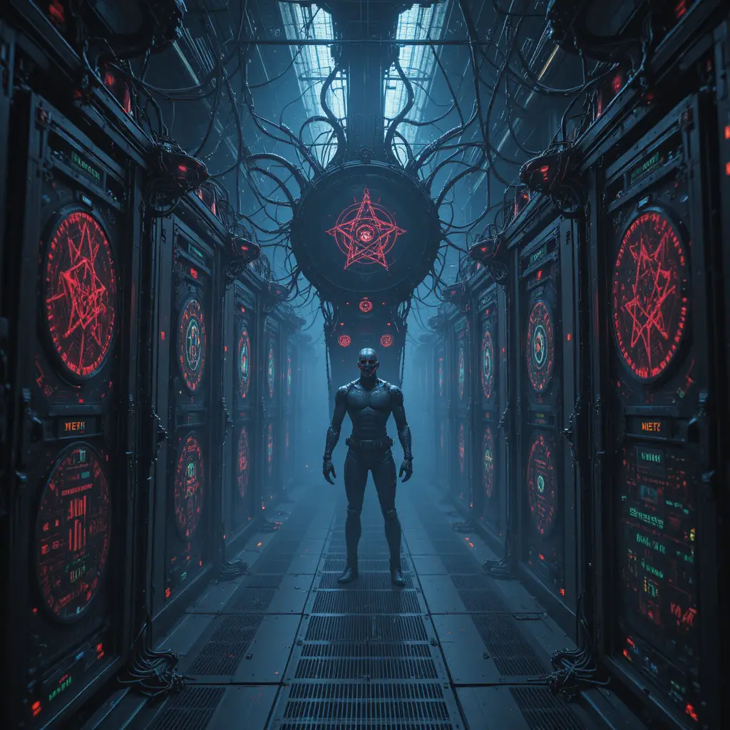 Sinister robots in a vast dystopian AI datacentre