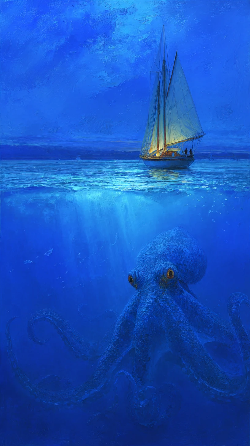 Unterwasseransicht eines Segelboots über einem lauernden Riesenkraken