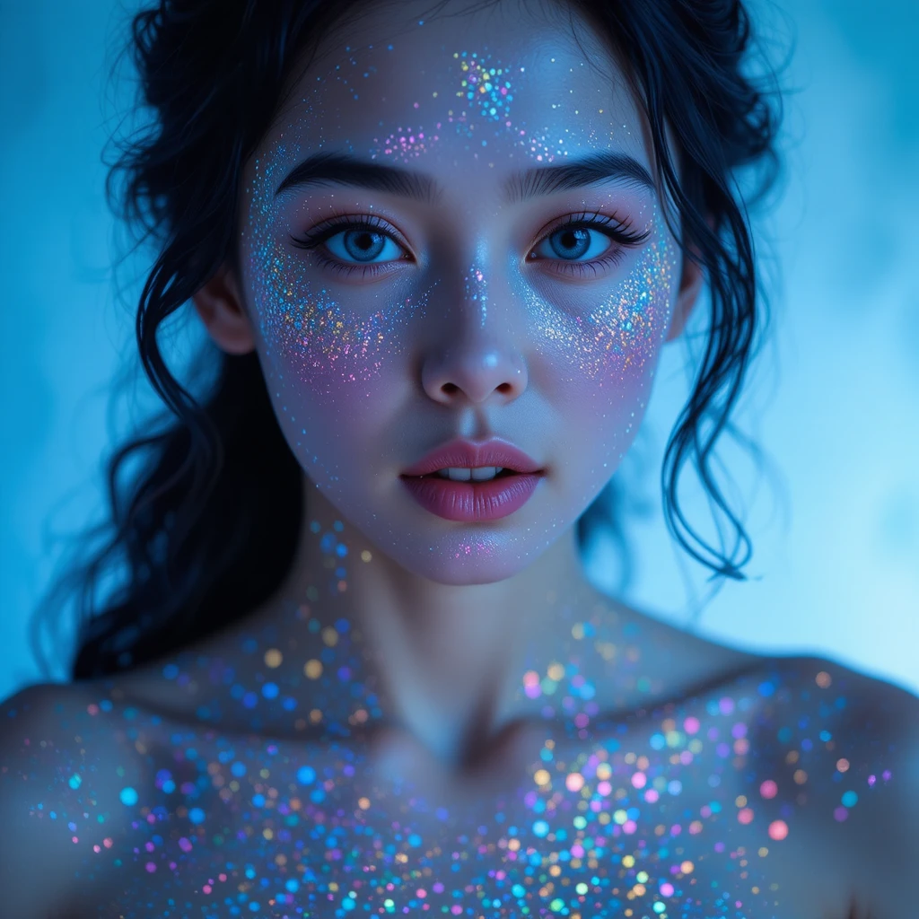 Jovem mulher com glitter brilhante em um retrato fechado e onírico