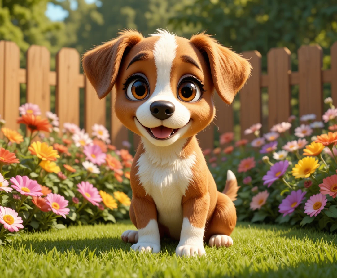 Cachorro marrón y blanco juguetón en un jardín de flores soleado