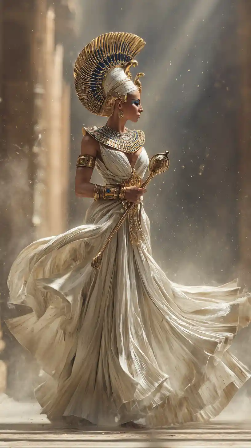 Egyptian queen in ceremonial pose within sunlit temple hall