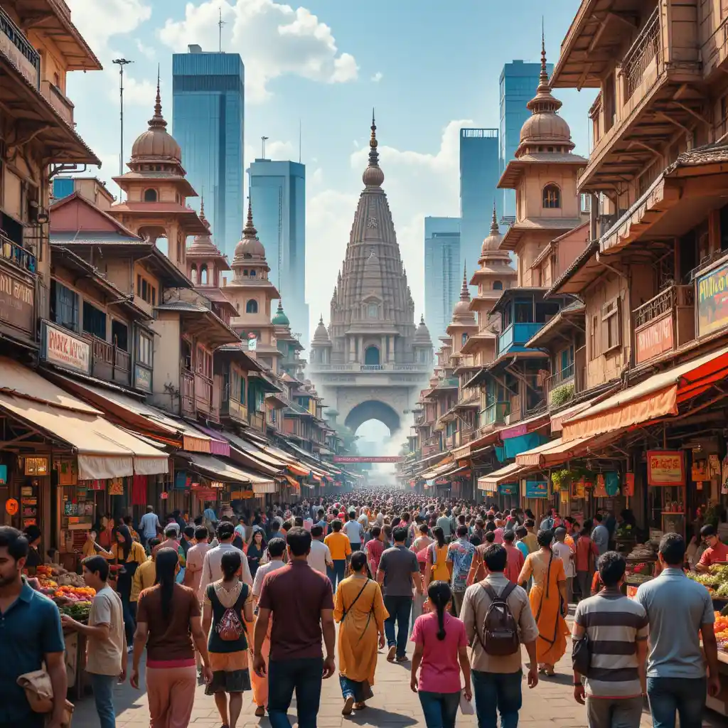 Colorful Indian marketplace with temples and skyscrapers