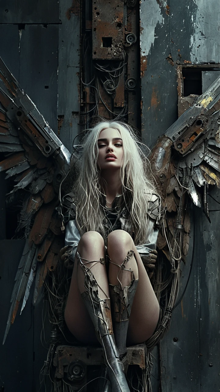 Cinematic portrait of a cyber angel woman in worn armor