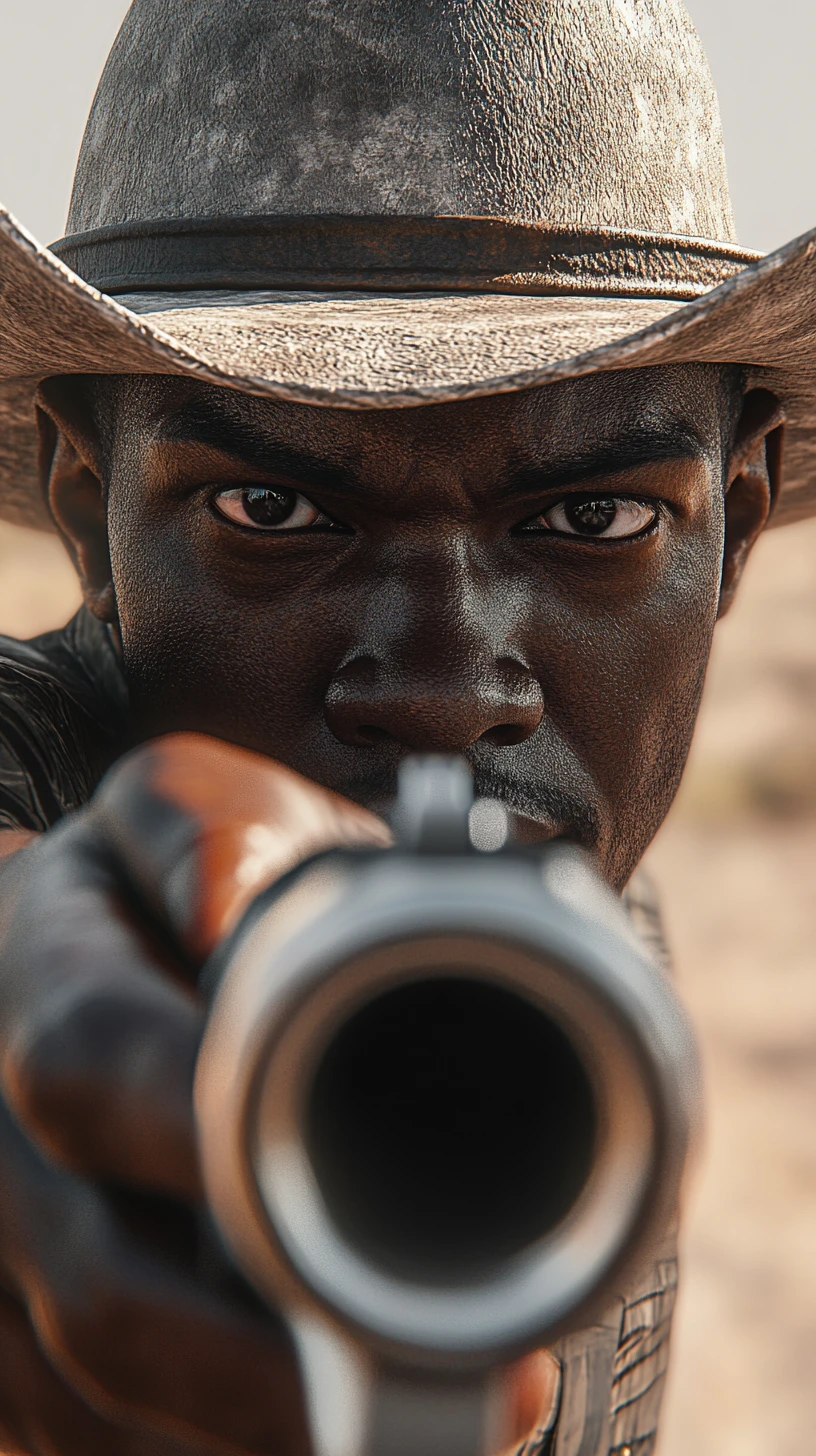 Vaquero afrofuturista apuntando con un revólver en el desierto en primer plano