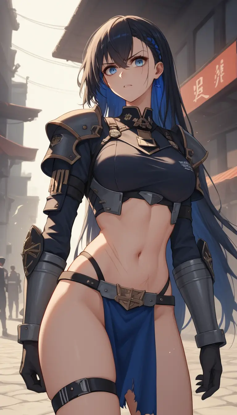 Young anime woman in short military outfit in public