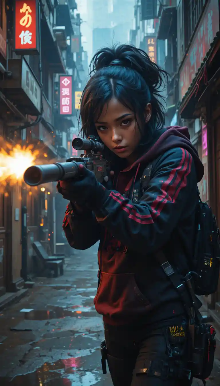 ネオンの路地でライフルを撃つアフロフューチャリズムの少女