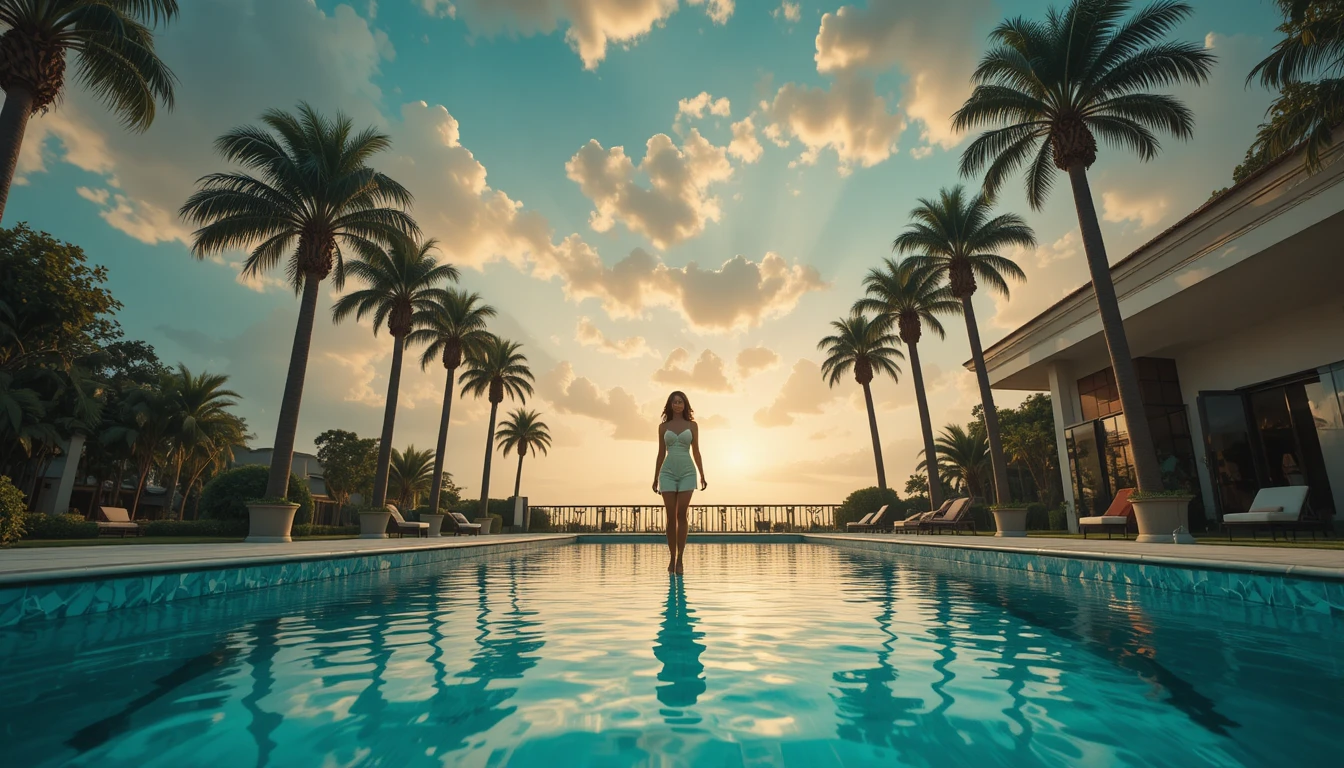 Elegant woman by turquoise pool on modern terrace