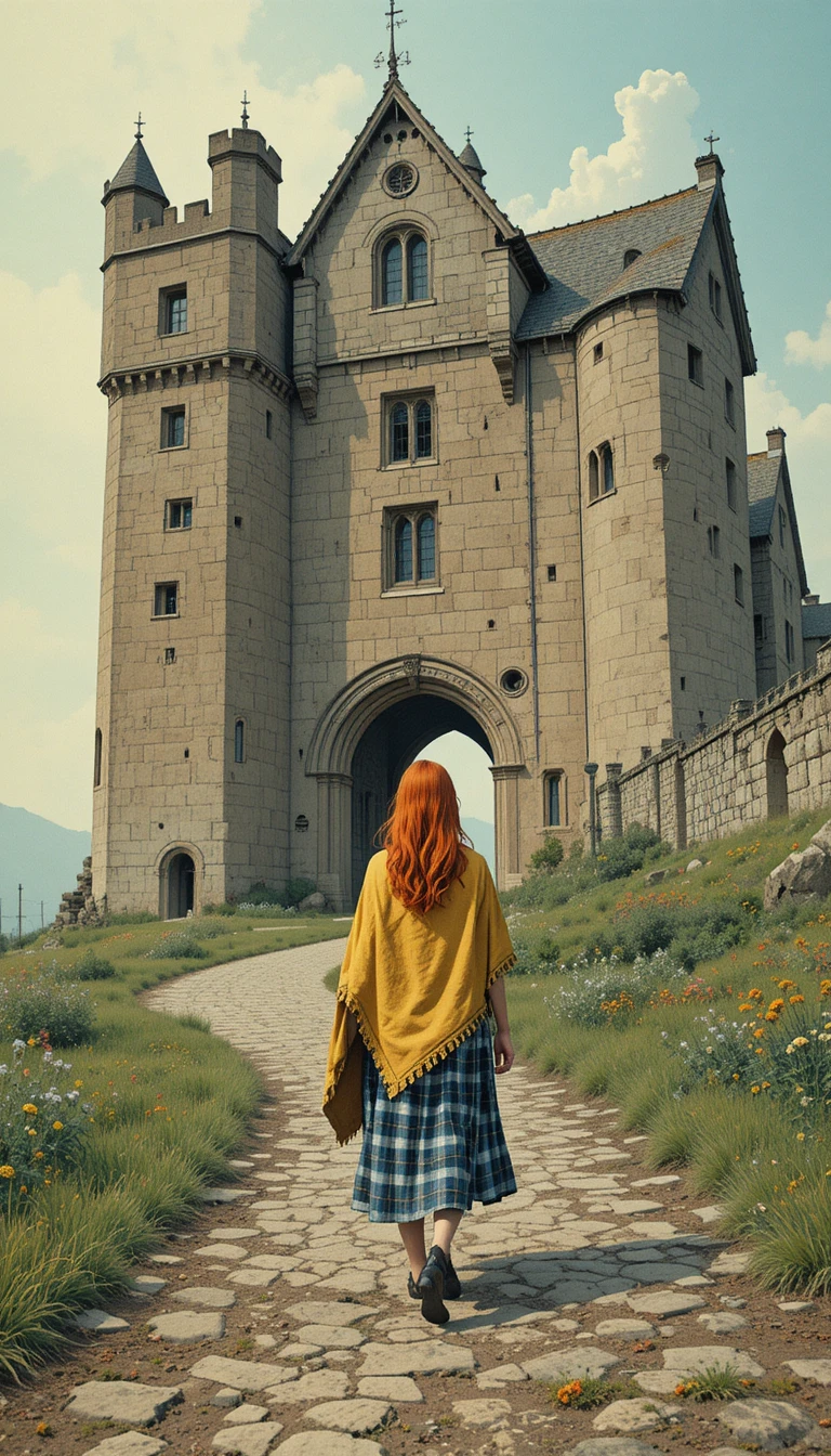 Young woman walking toward a towering medieval stone castle