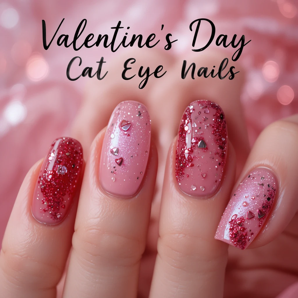 Unghie cat eye romantiche rosa e rosse per San Valentino