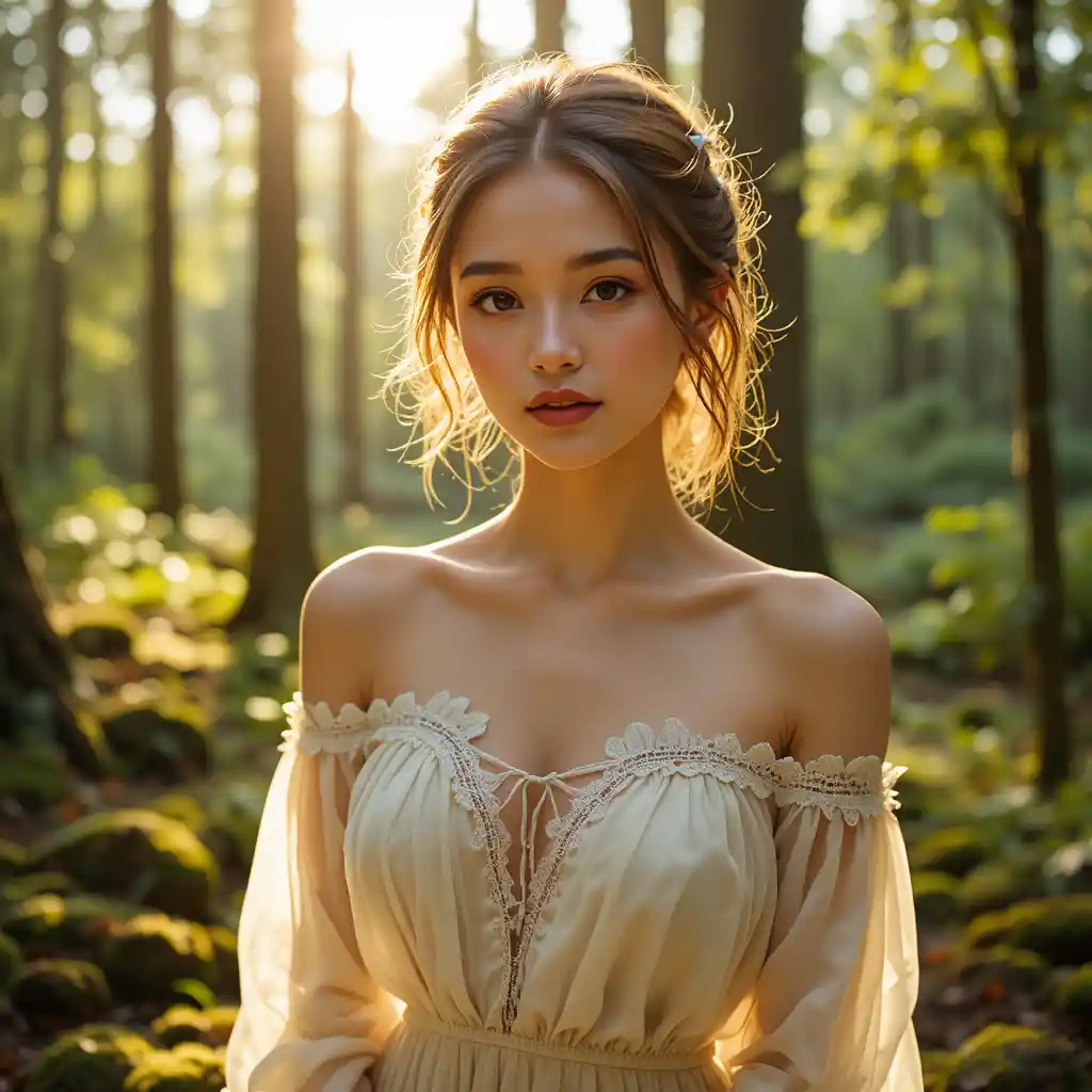 Woman in ivory blouse in dreamy sunlit forest