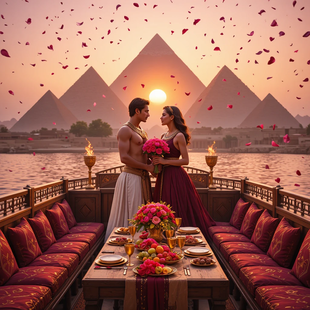 Romantic Egyptian couple on a dahabeya at sunset