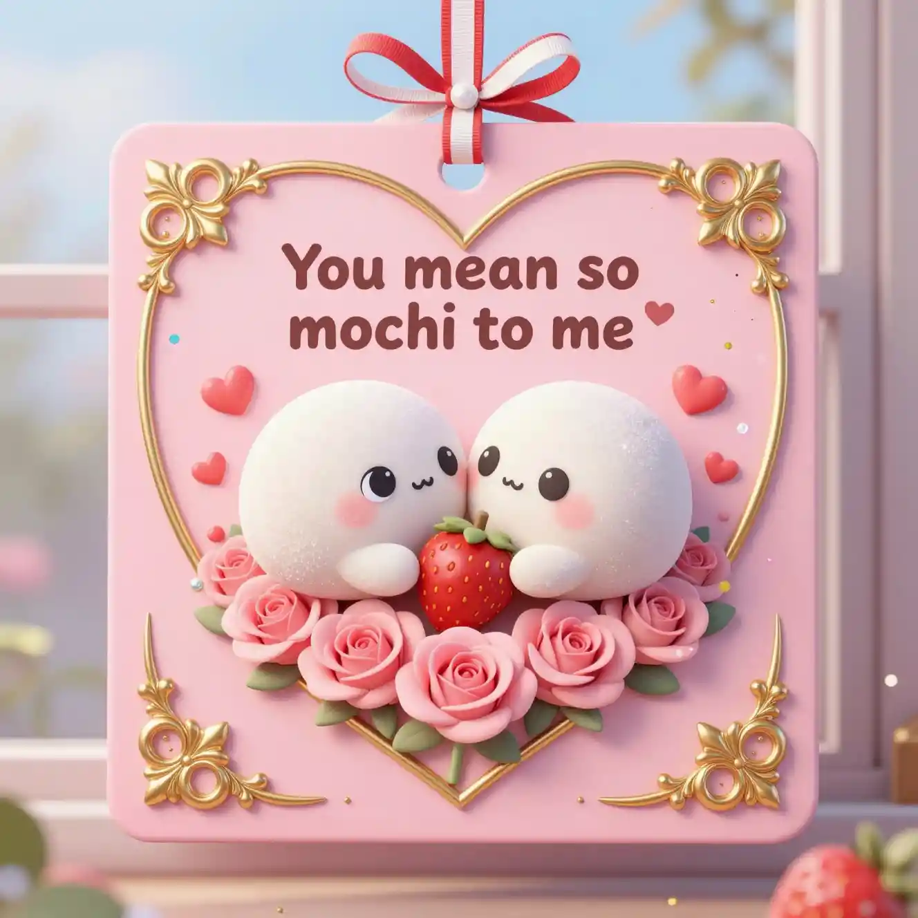 Cute Pink Heart Valentine Card With Mochi Characters