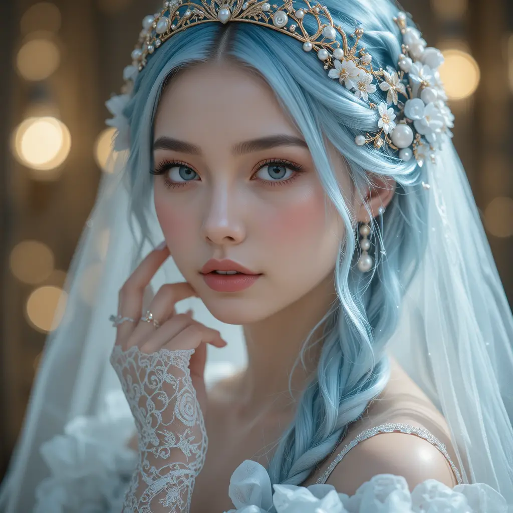 藍色長髮與寶石王冠的空靈奇幻女子