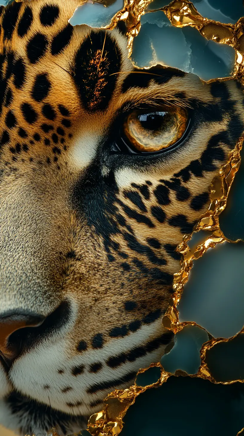 Extreme close up jaguar face built from translucent minerals